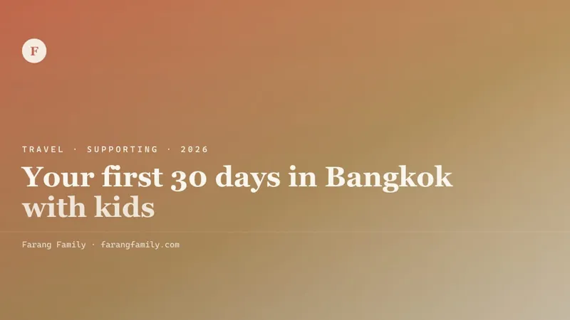 A wall calendar pinned to a serviced-apartment kitchen with the first thirty days marked — work-permit appointment, school start, bank visit, ninety-day reporting reminder — and a Bangkok skyline visible through the window in late-afternoon light.